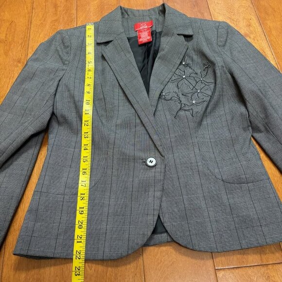 Oscar De La Renta Women Blazer 8P Gray Plaid Rhinestone Floral Design Career - Picture 10 of 16